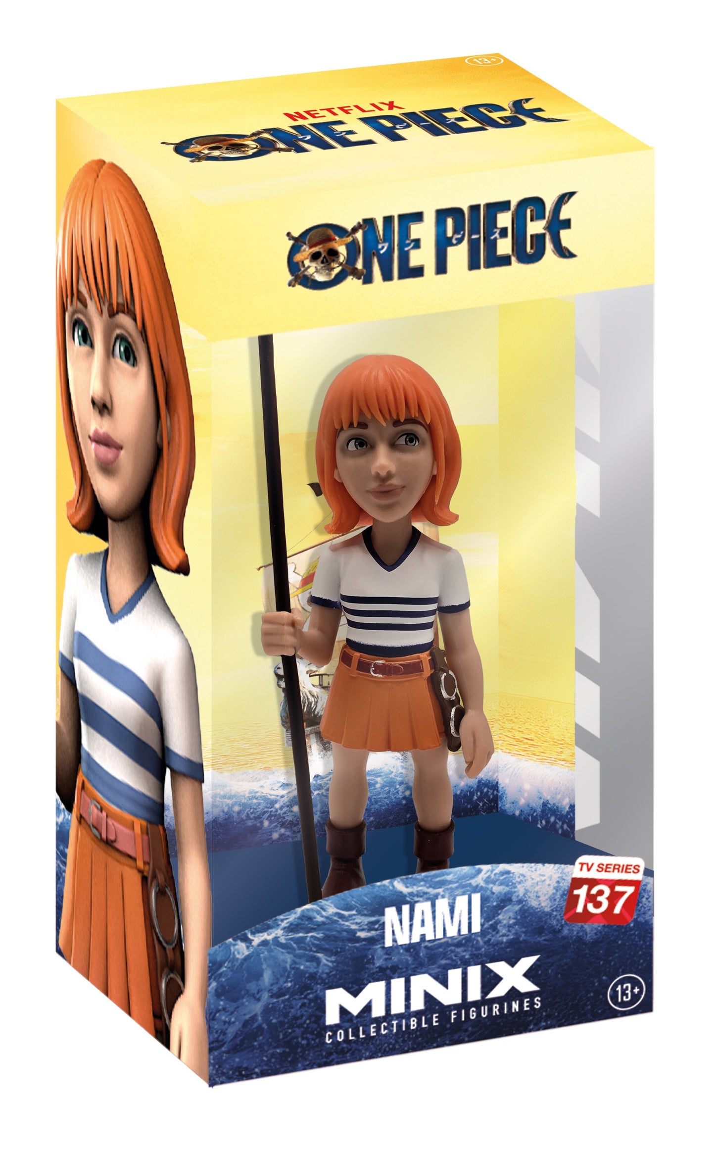 Front view of Nami figure wearing her bikini top and jeans with orange hair flowing over her shoulder, smiling and confident