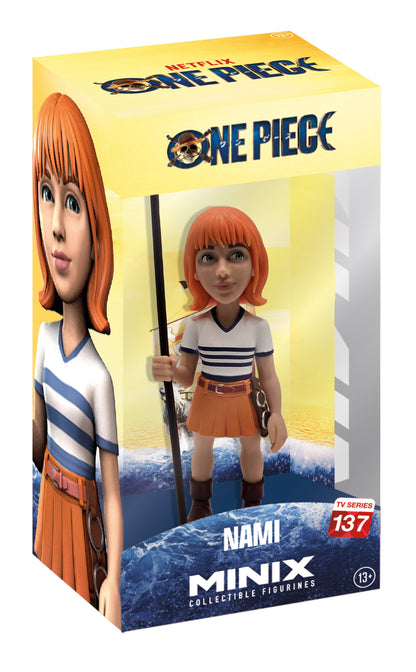 Front view of Nami figure wearing her bikini top and jeans with orange hair flowing over her shoulder, smiling and confident