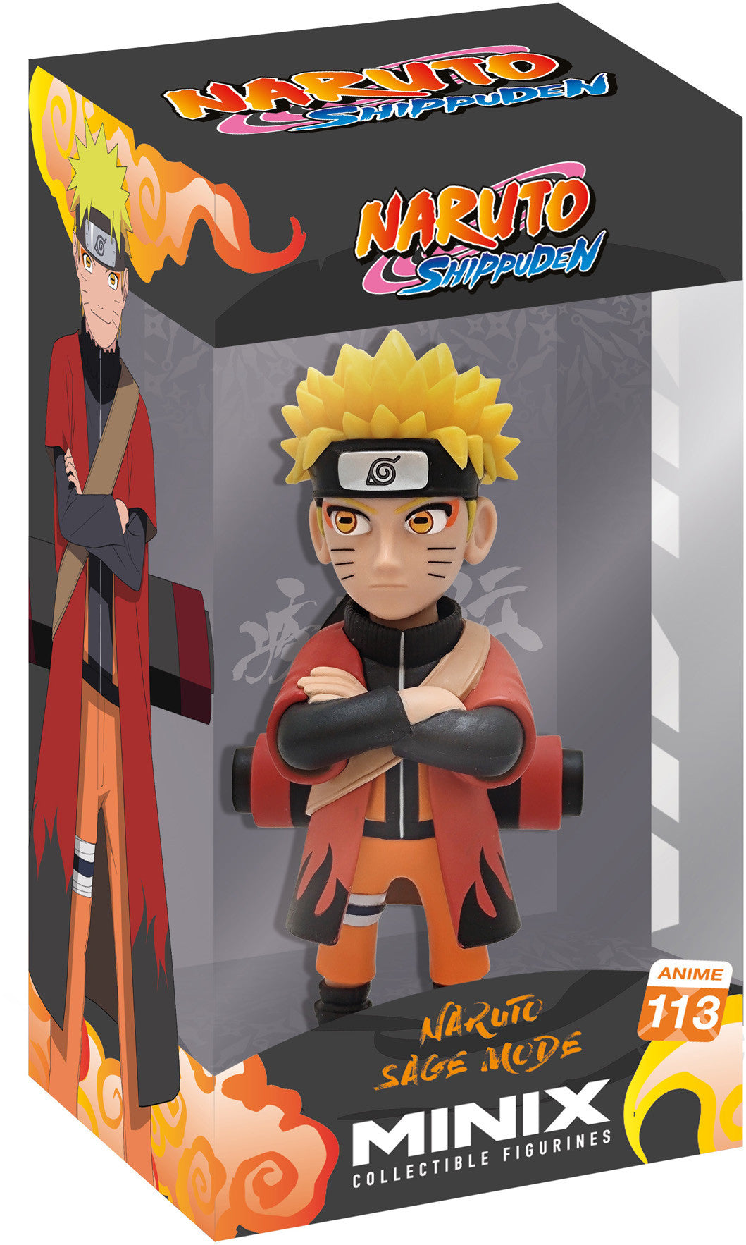 Front view of Naruto in iconic orange outfit with white flowing cape, blue headband, and smiling expression