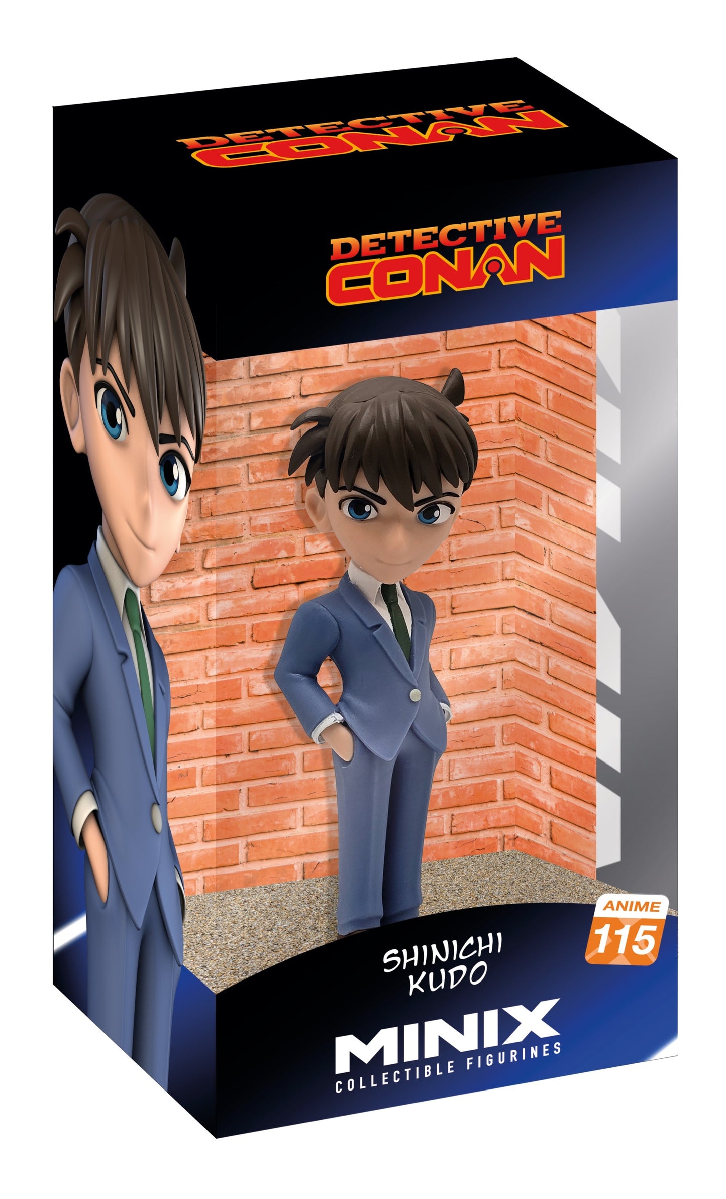 Detective Conan Jimmy Kudo Minix collectible figurine number 115 in box featuring character in blue suit against brick background