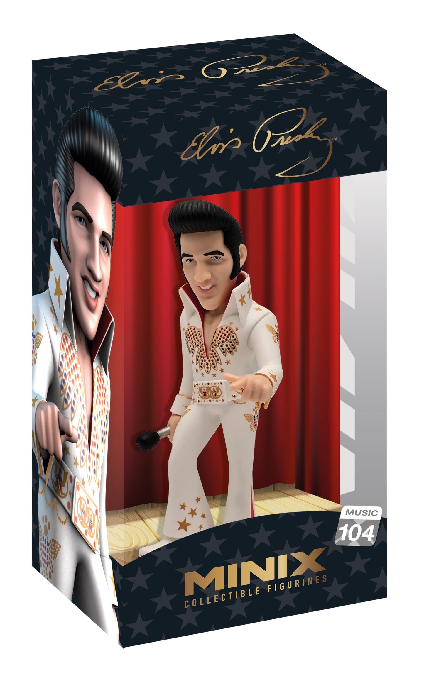 Front view of Elvis Presley figure in iconic white jumpsuit with red scarf and microphone pose