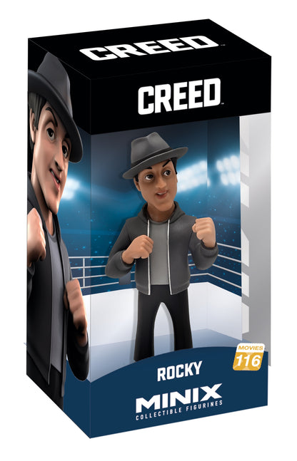 Front view of Rocky Balboa figure in black leather jacket, red gloves, and fedora