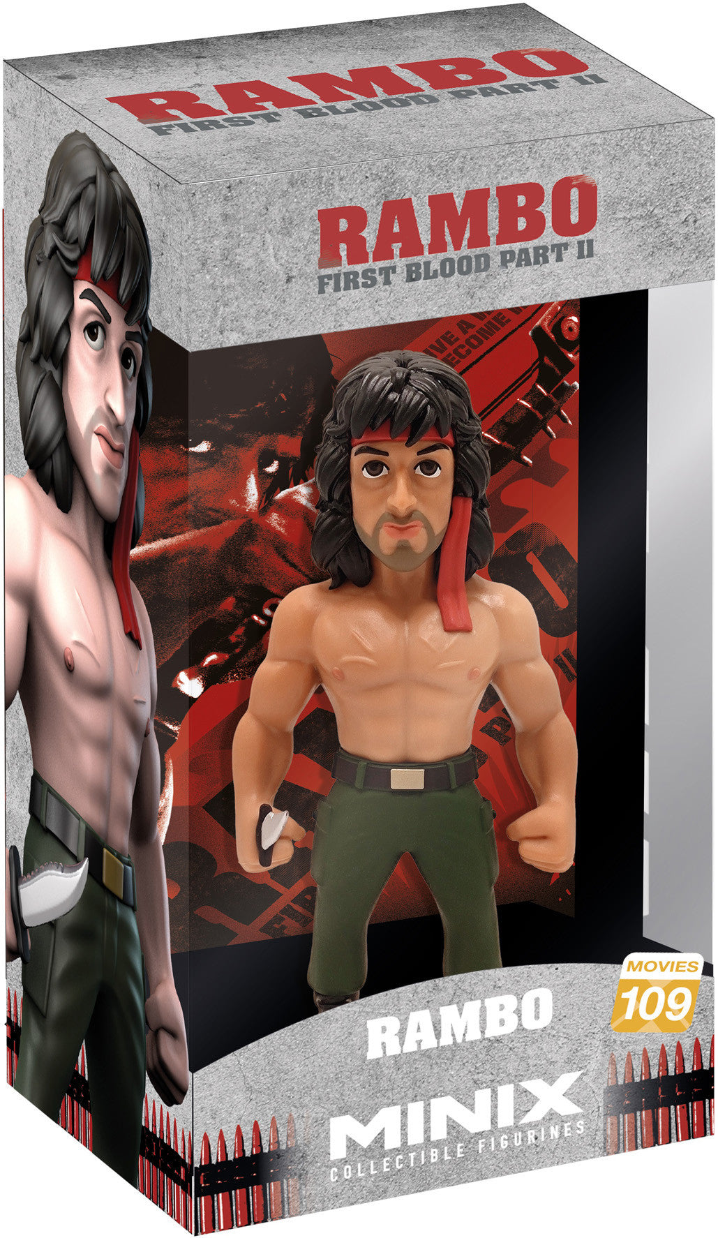 Front view of Rambo figure with red bandana, bare chest, and muscular arms holding a rifle