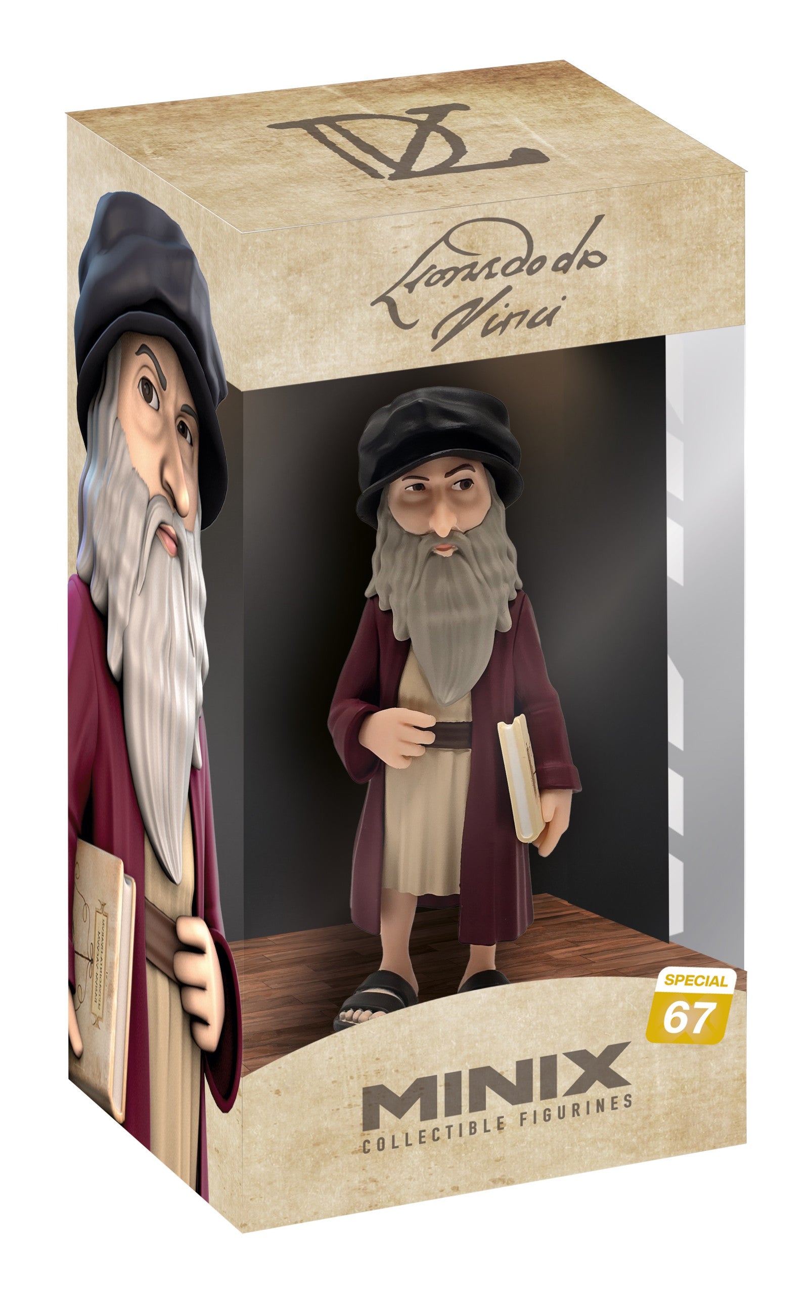 Minix collectible figurine of Leonardo da Vinci in a window box depicting the historical figure with a grey beard black hat and burgundy coat holding a book