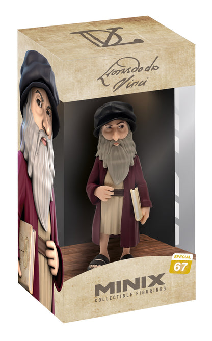 Minix collectible figurine of Leonardo da Vinci in a window box depicting the historical figure with a grey beard black hat and burgundy coat holding a book
