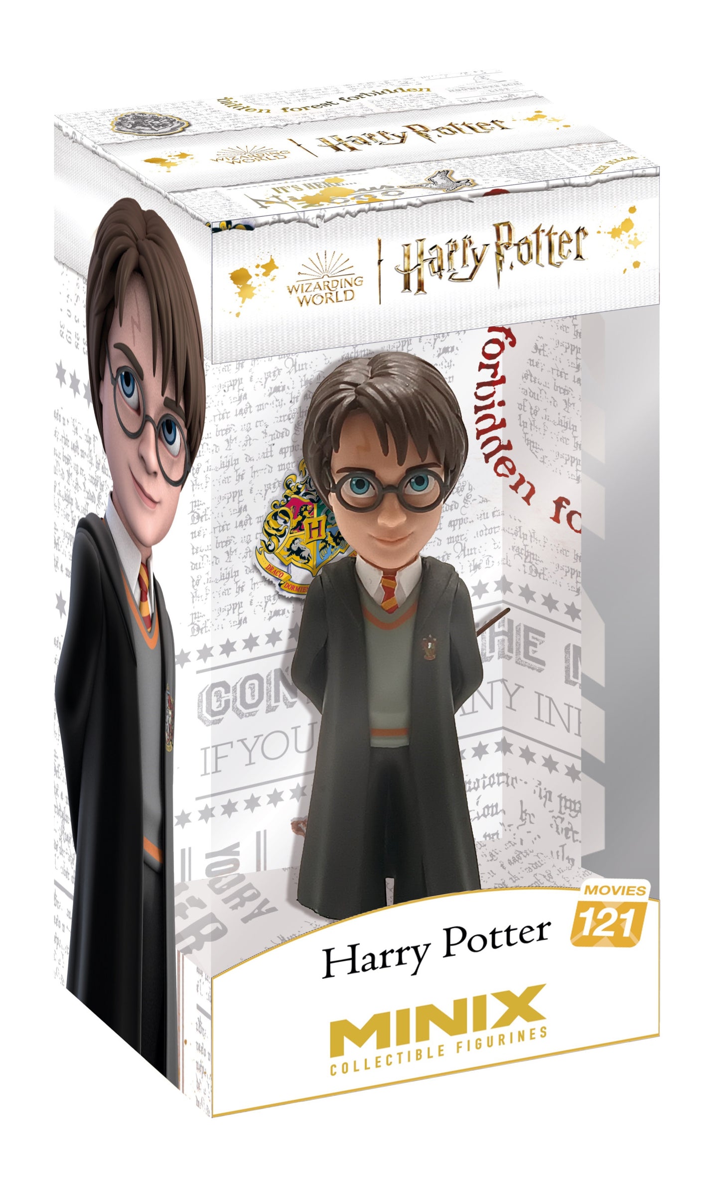 Front view of Harry Potter figure in Hogwarts robe with glasses, wand, and Gryffindor scarf