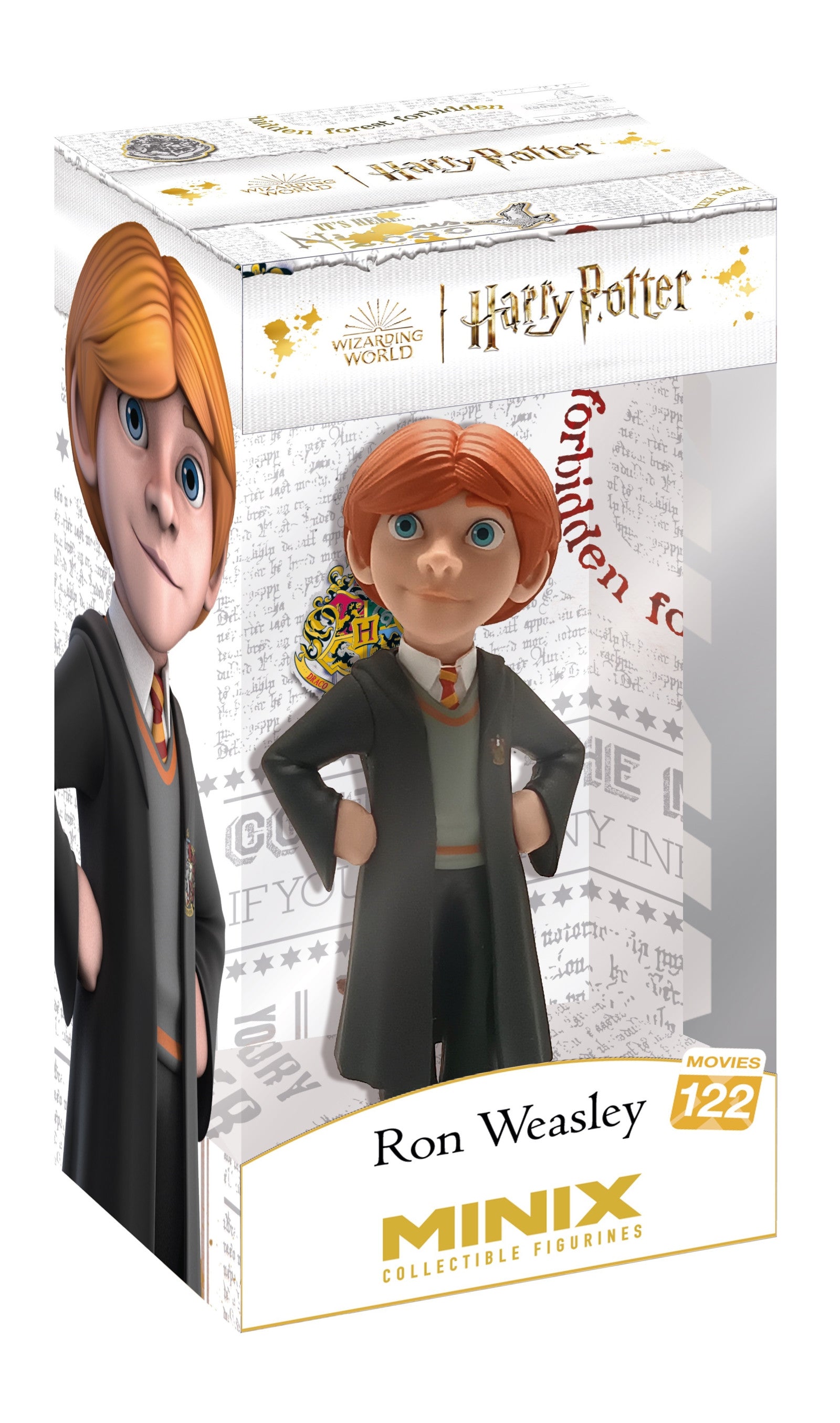 Front view of Ron Weasley figure in Hogwarts robe holding wand, with red hair and Gryffindor tie