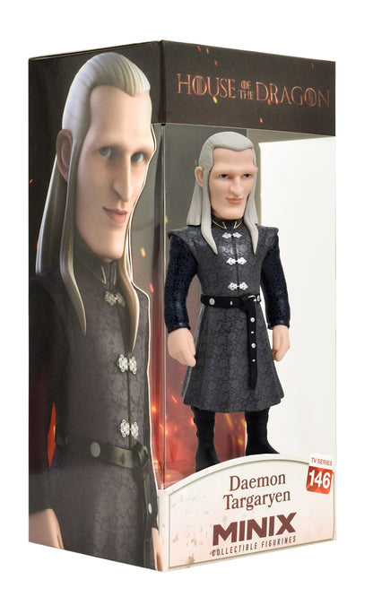Front view of Daemon Targaryen figure with silver hair, black armor, and red cape