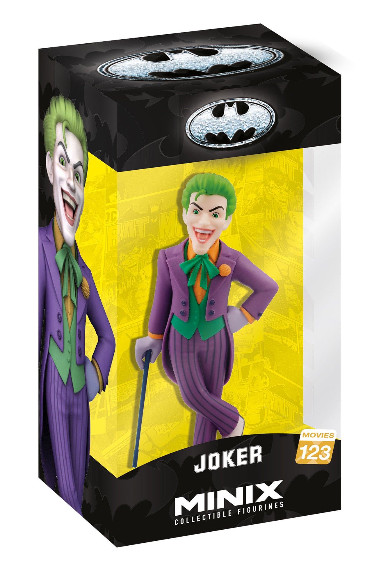 Front view of Joker figure in purple suit with green vest, red lips, and a manic grin