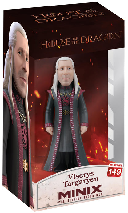 Front view of Viserys Targaryen figure wearing crown and regal dark robes with ornate detailing