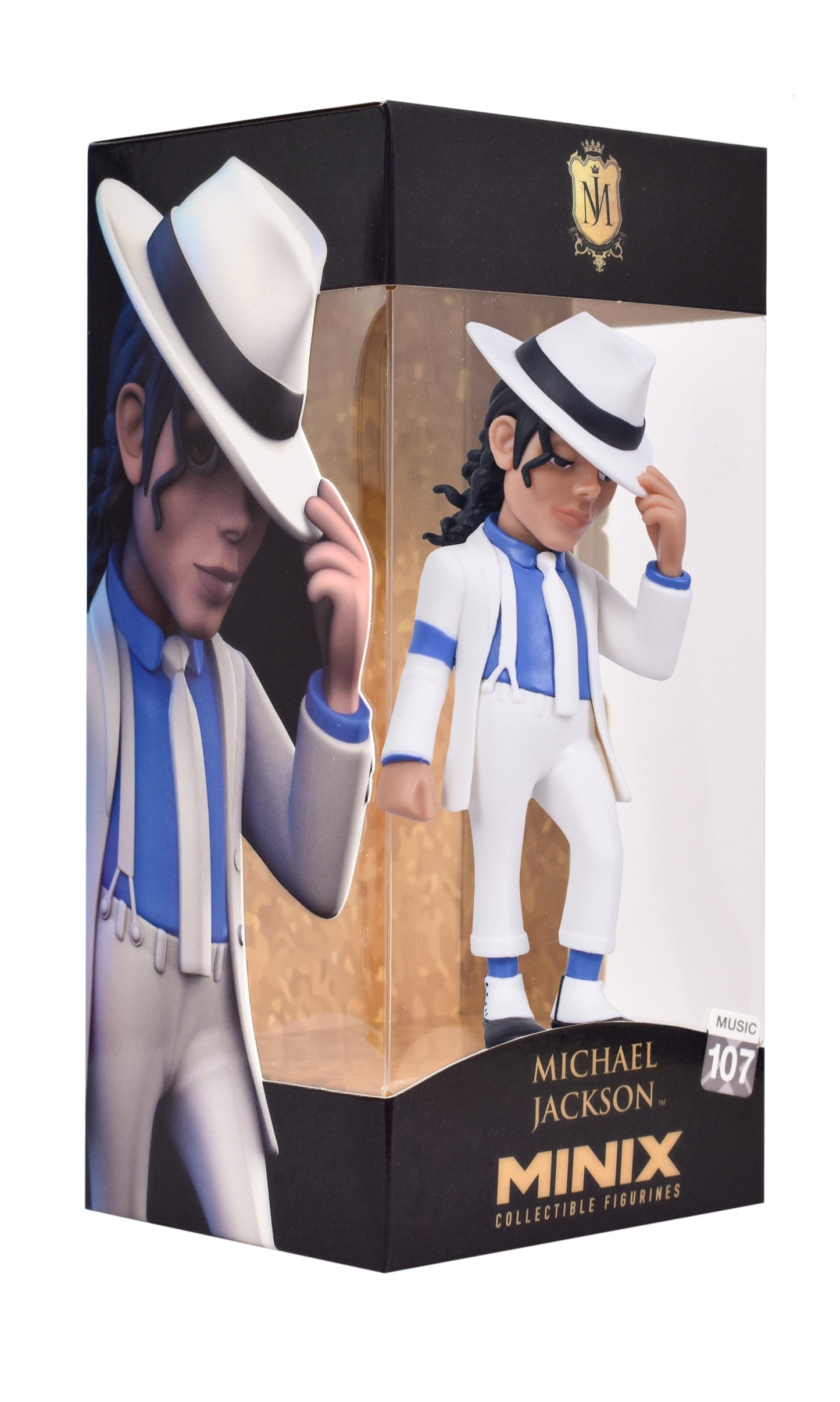 A MINIX Michael Jackson Smooth Criminal figure in a white suit and fedora, tipping his hat, packaged in a black window box with "MUSIC 107" branding