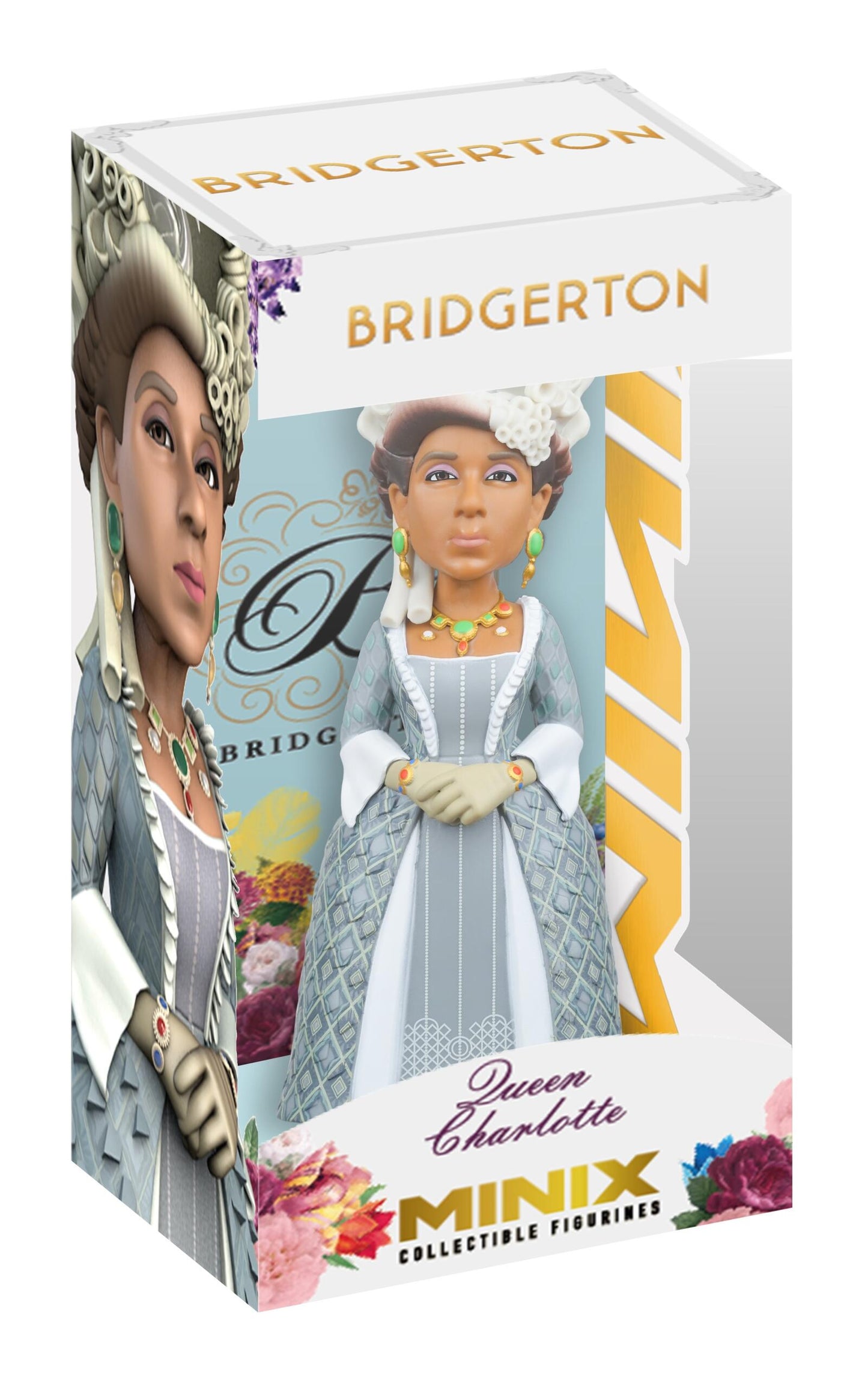 A MINIX Bridgerton Queen Charlotte Figure, a stylized doll in an elaborate gray dress and jewelry, displayed in its clear box with Bridgerton text and flowers