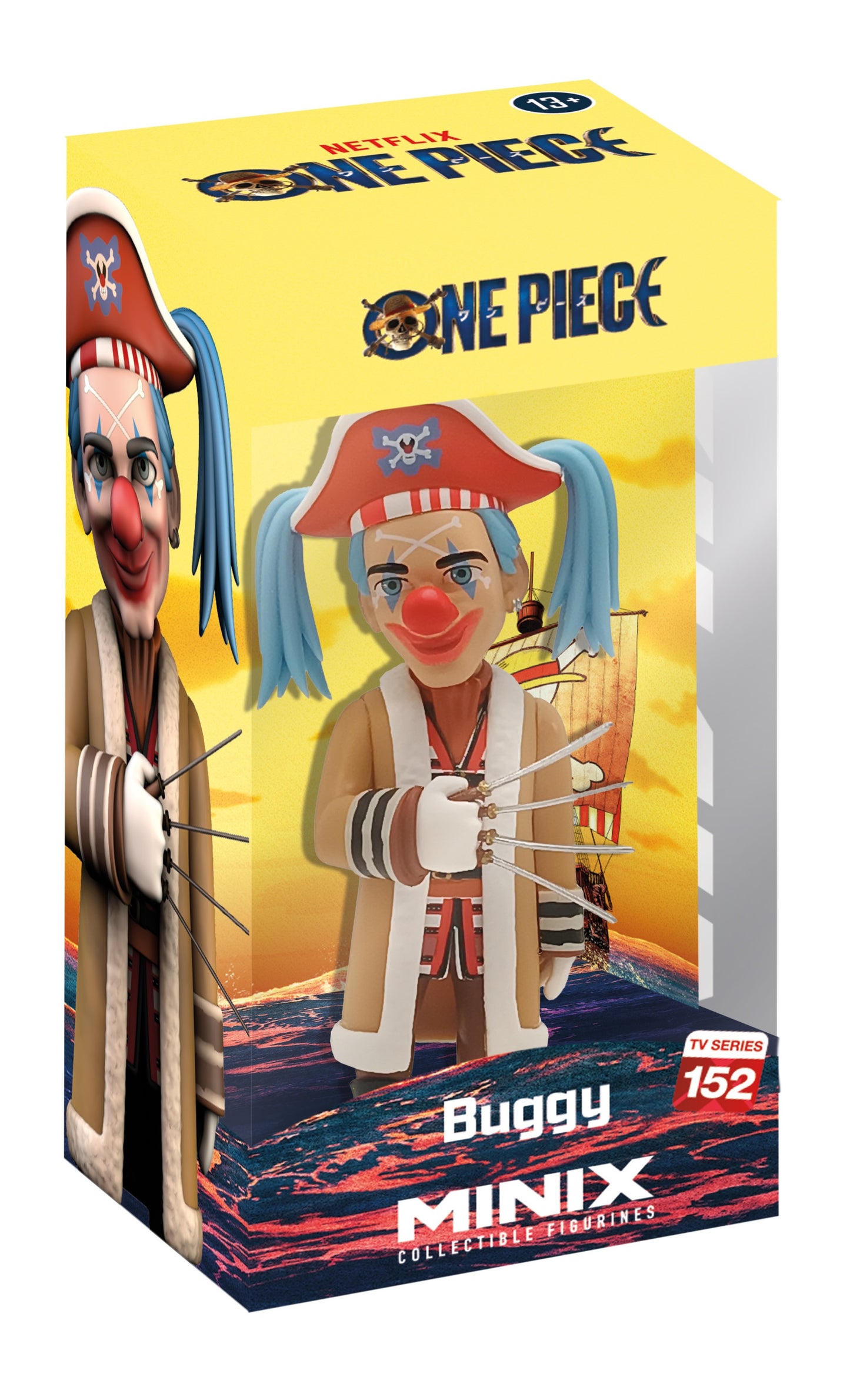 Front view of Buggy figure with red nose, blue clown hat, striped pants, and wide grin