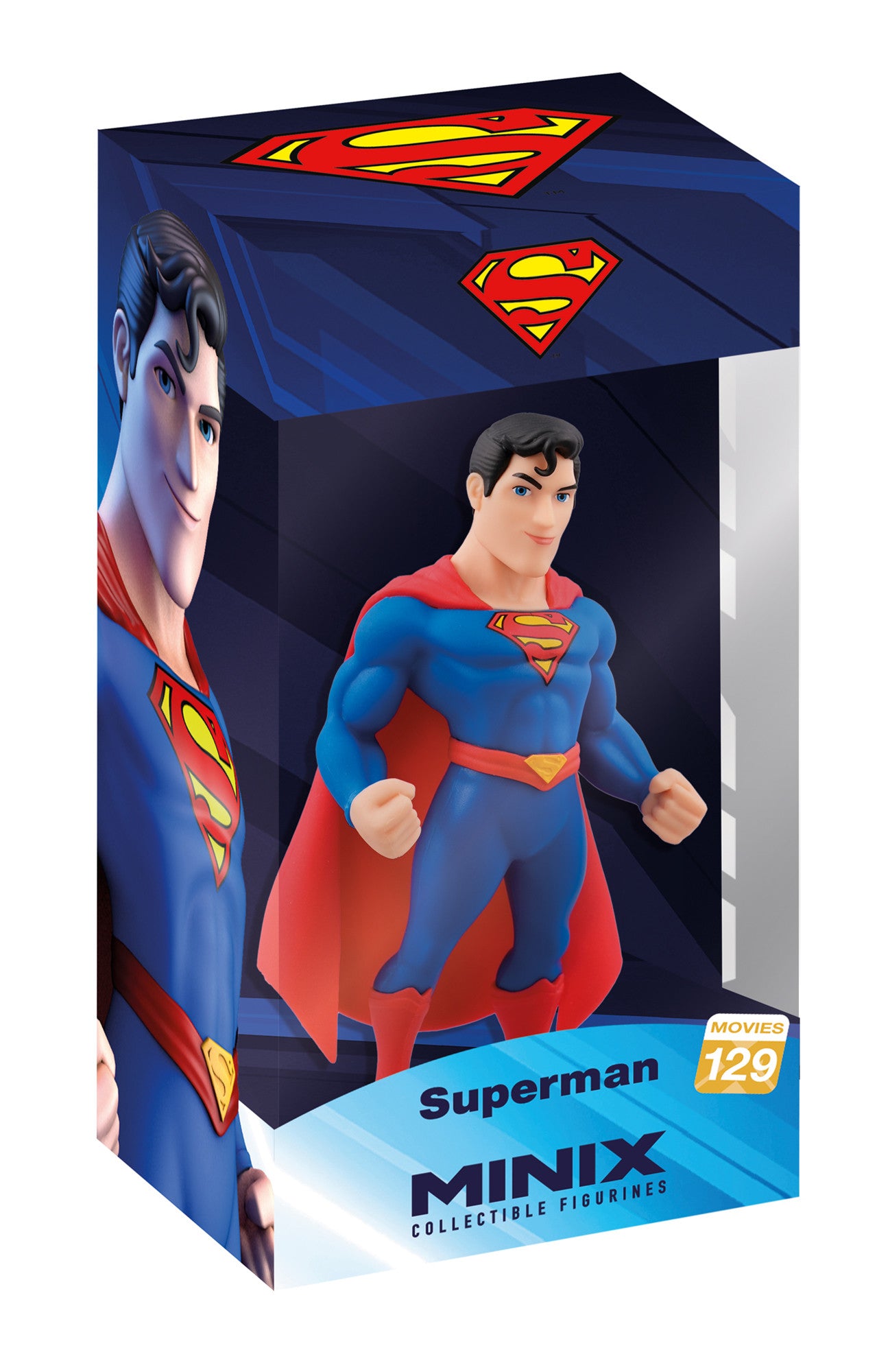 Front view of Superman figure in classic red and blue suit with arms at sides and 'S' emblem on chest