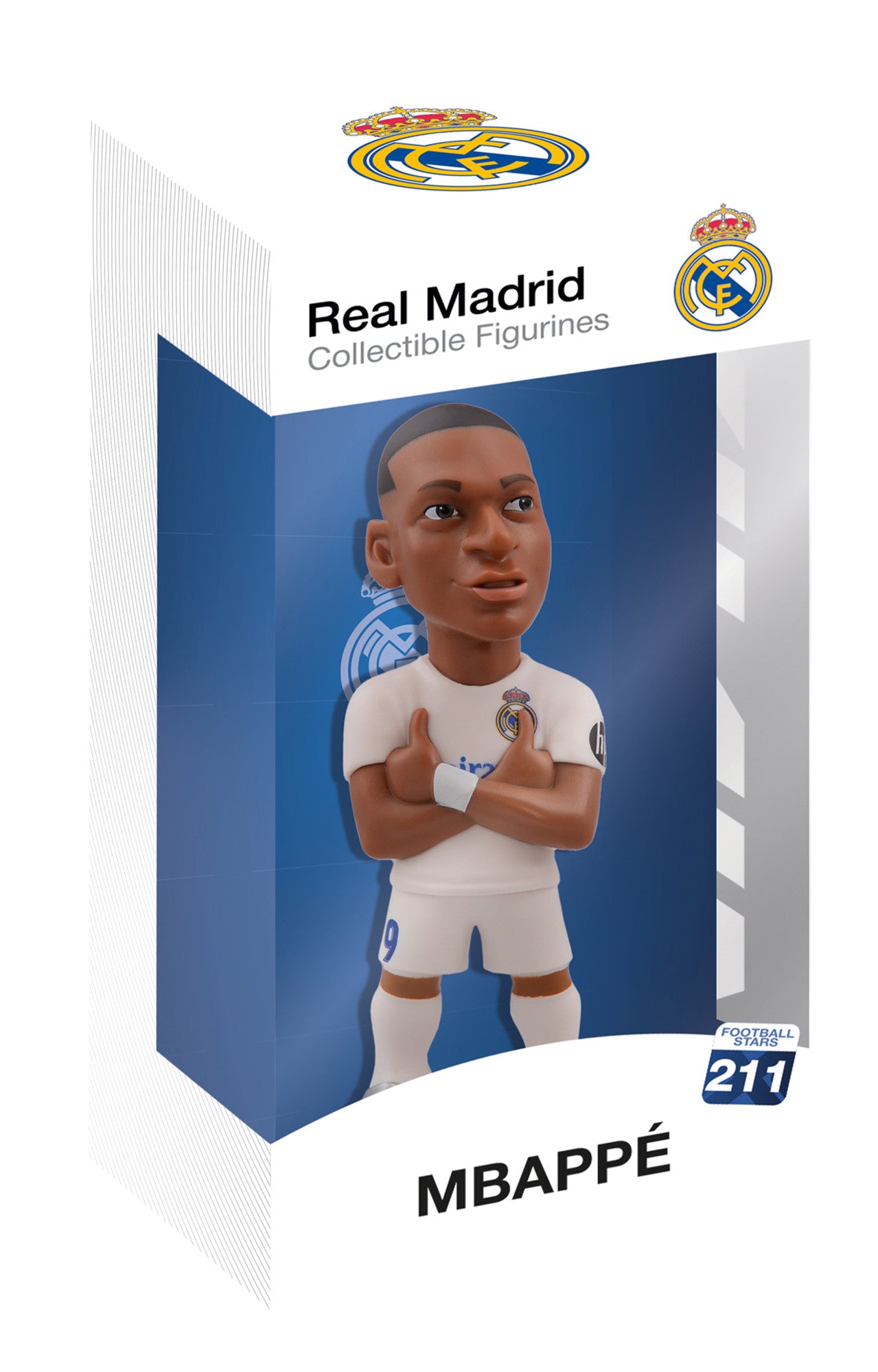 Front view of the Kylian Mbappé Minix figure in Real Madrid's white kit with arms raised in celebration and a confident smile