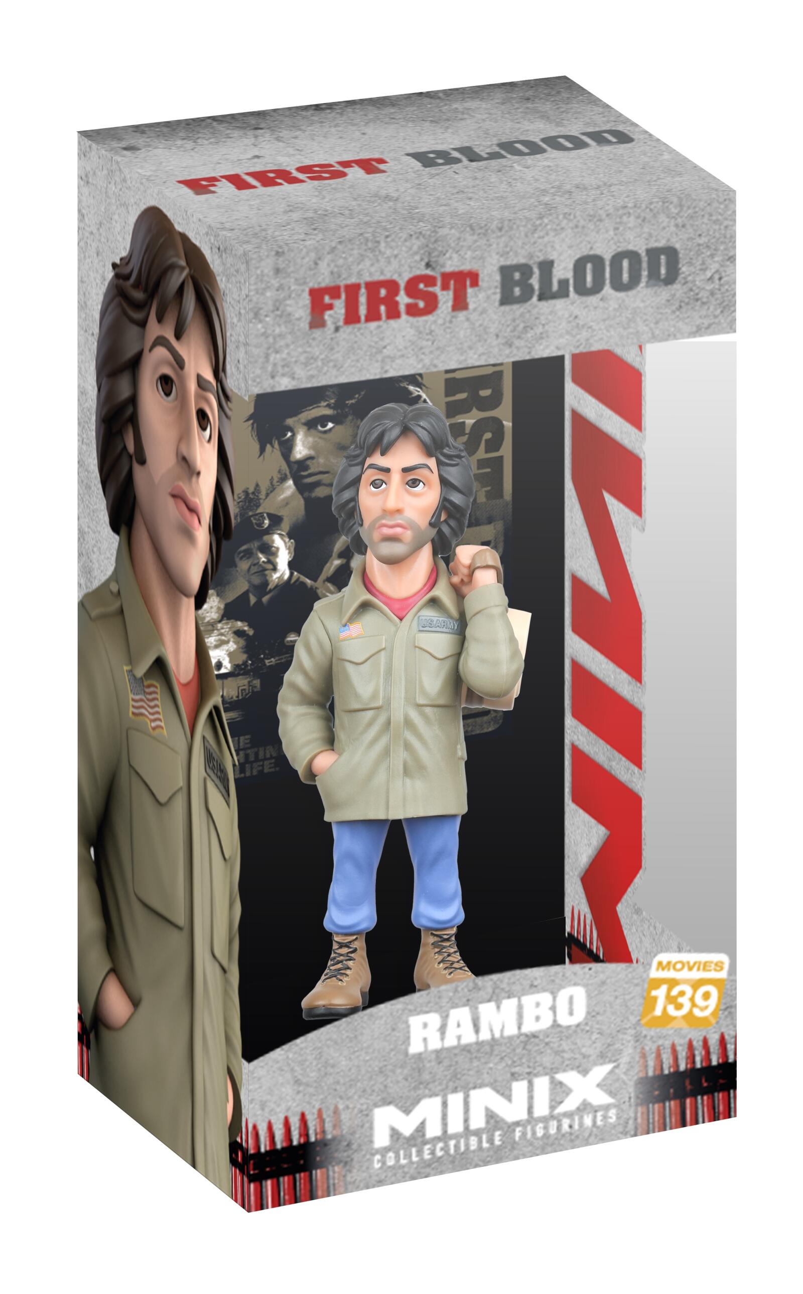 A MINIX Rambo First Blood Part 1 John Rambo figure, number 139, is showcased in a gray box with "FIRST BLOOD" text, featuring the character wearing a khaki jacket, blue pants, and brown boots