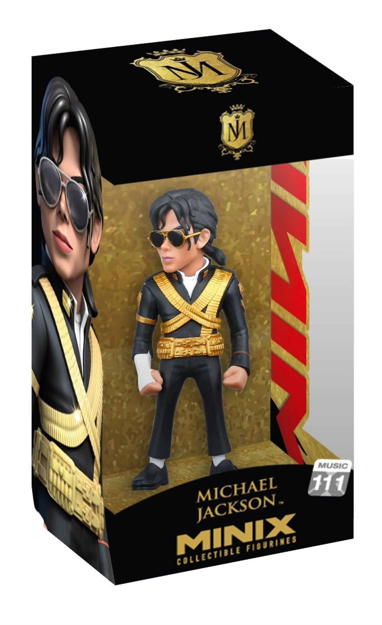 A MINIX Michael Jackson figure in a black and gold uniform with sunglasses is visible inside a gold-lined display box, with a large headshot on the box's side