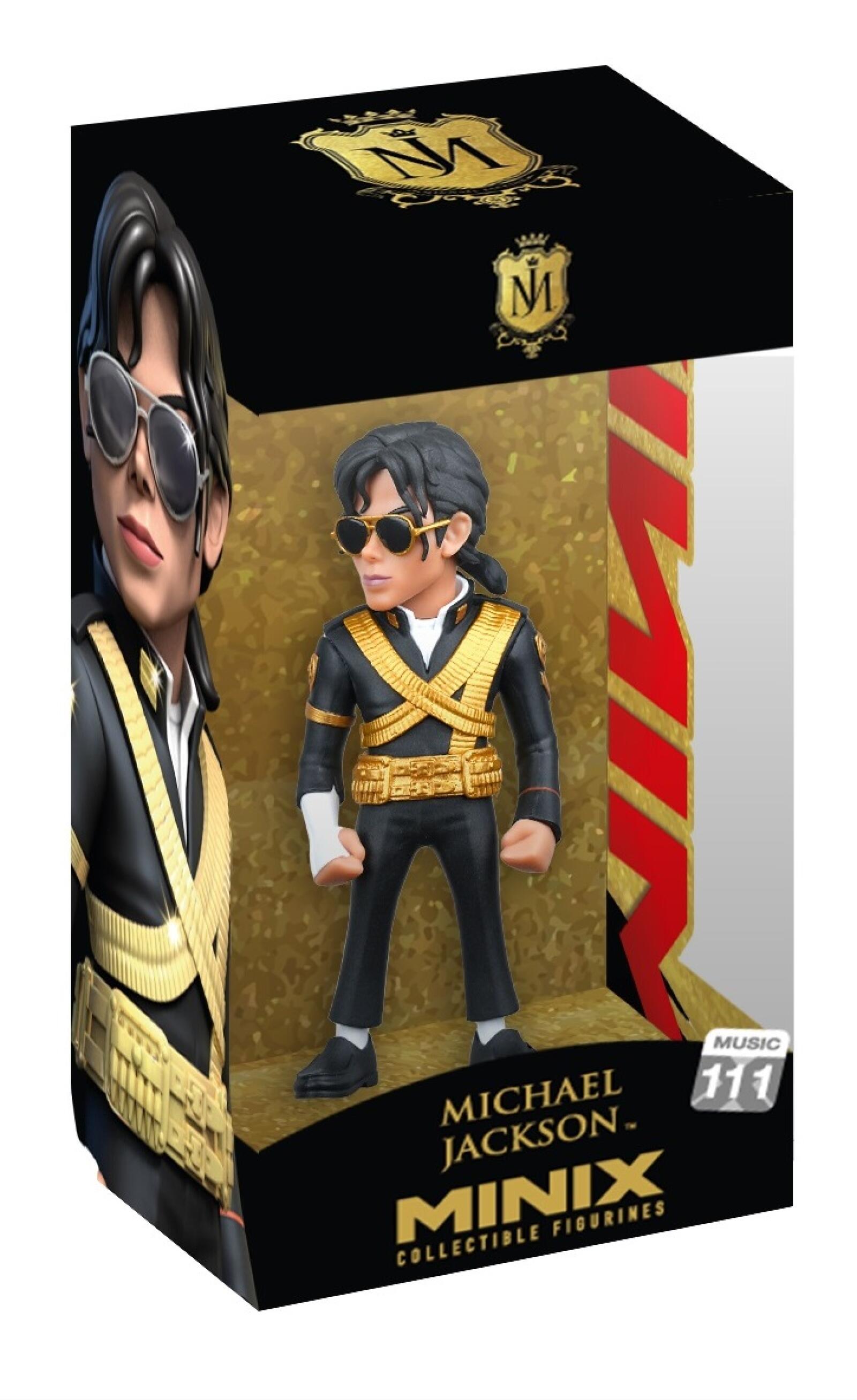 A MINIX Michael Jackson figure in a black and gold uniform with sunglasses is visible inside a gold-lined display box, with a large headshot on the box's side