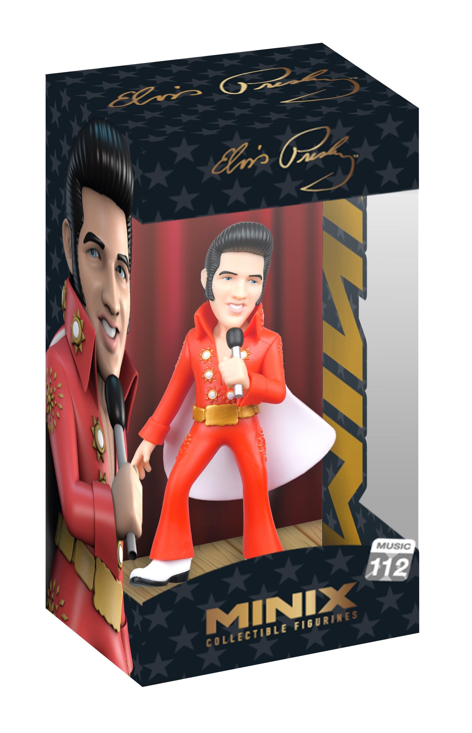 A MINIX Elvis Presley Red Suit Figure inside a clear display box with a dark star pattern and gold script, showing a cartoon Elvis in a red jumpsuit holding a mic