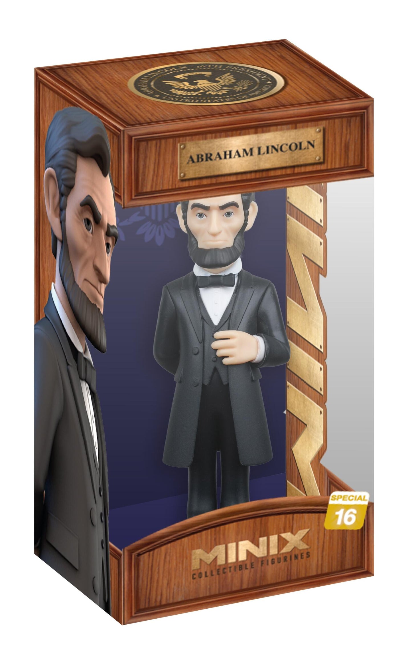 A MINIX President Abraham Lincoln figure in a black suit is presented in a clear windowed wooden box adorned with a gold presidential seal and 'Special 16' tag