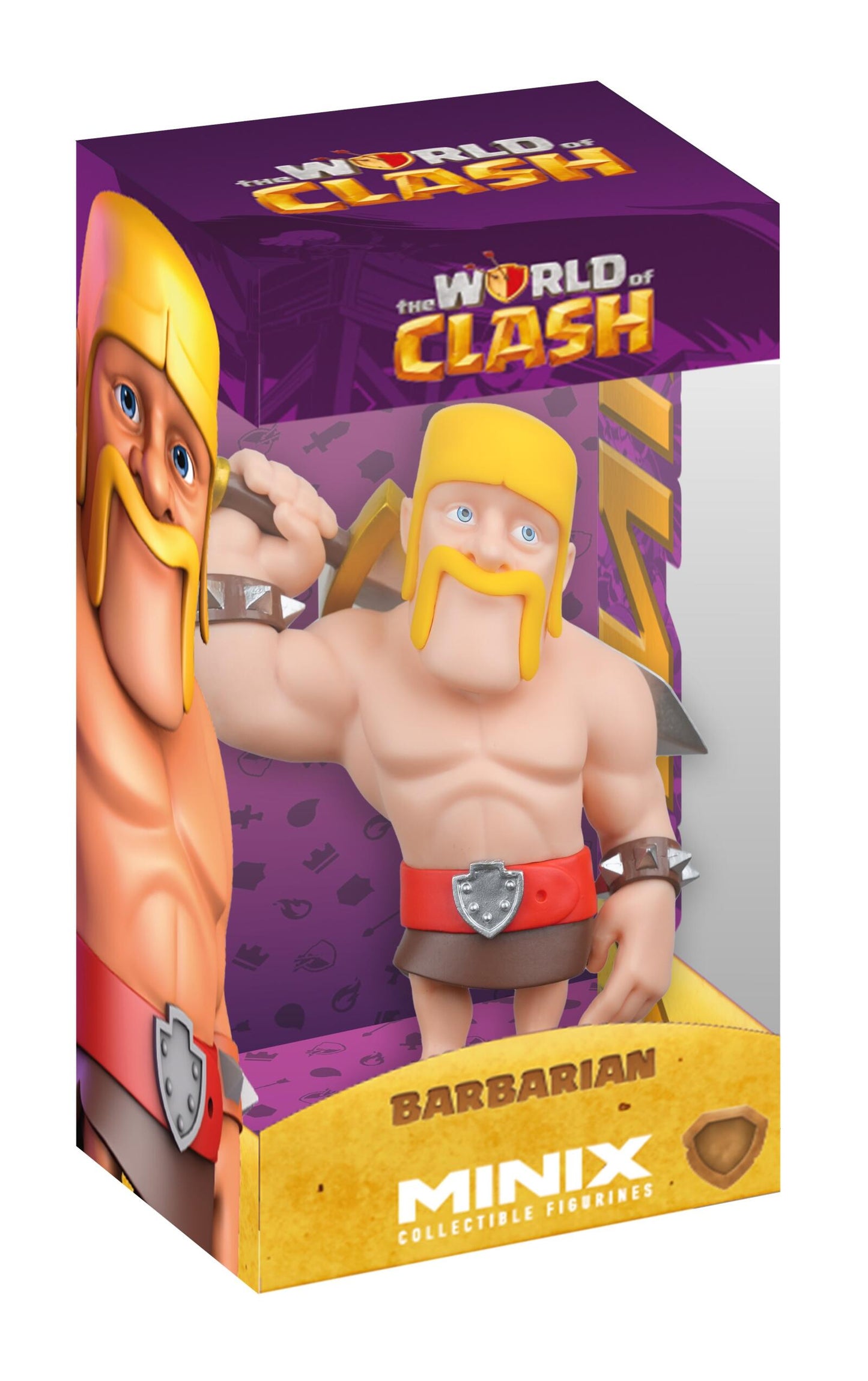A muscular MINIX The World of Clash Barbarian figure with a yellow horned helmet and axe is prominently displayed in a clear window of its purple and yellow collector's box