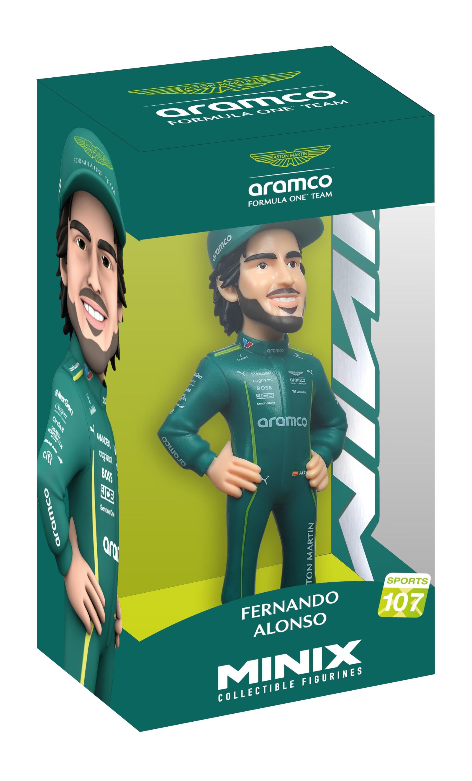 A collectible figurine of a bearded man in a green racing suit and cap stands in a clear-fronted green box with yellow interior accents