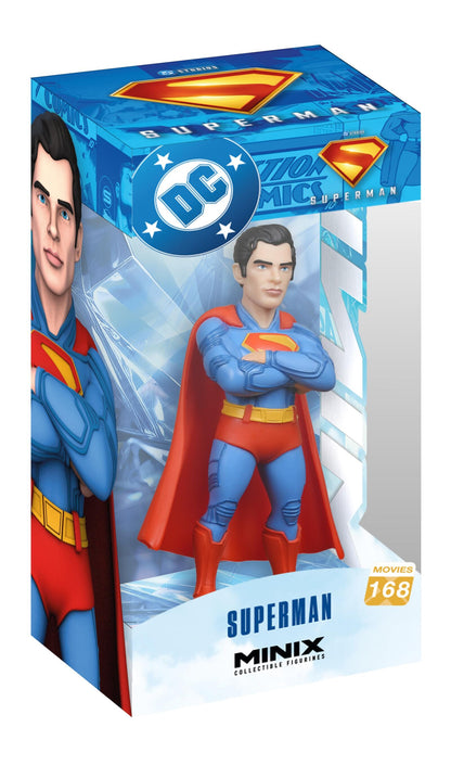 A MINIX Superman collectible figurine in its box, showing the superhero in a blue suit and red cape with arms crossed