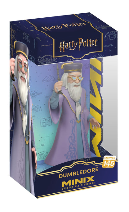 A Dumbledore MINIX collectible figure wearing purple robes and a hat, displayed in a clear box with magic-themed blue illustrations