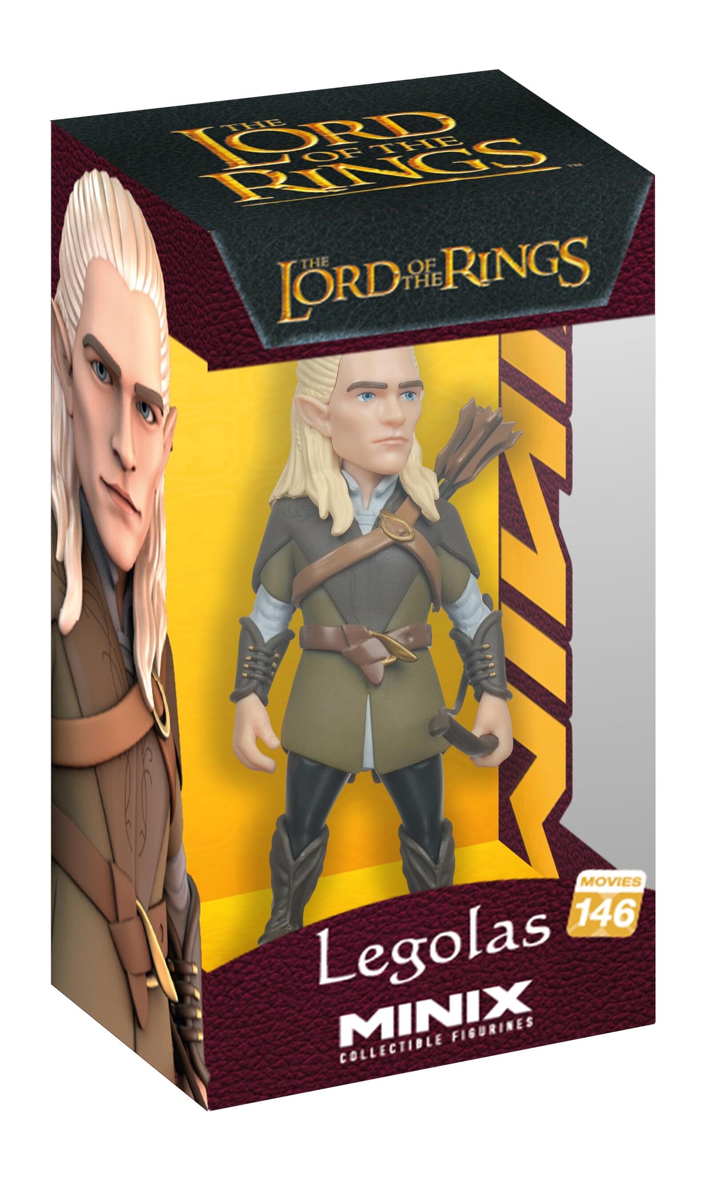 A stylized MINIX Lord of the Rings Legolas figure, Movies 146, with blonde hair and an olive tunic, holding a bow, showcased in its branded window box packaging