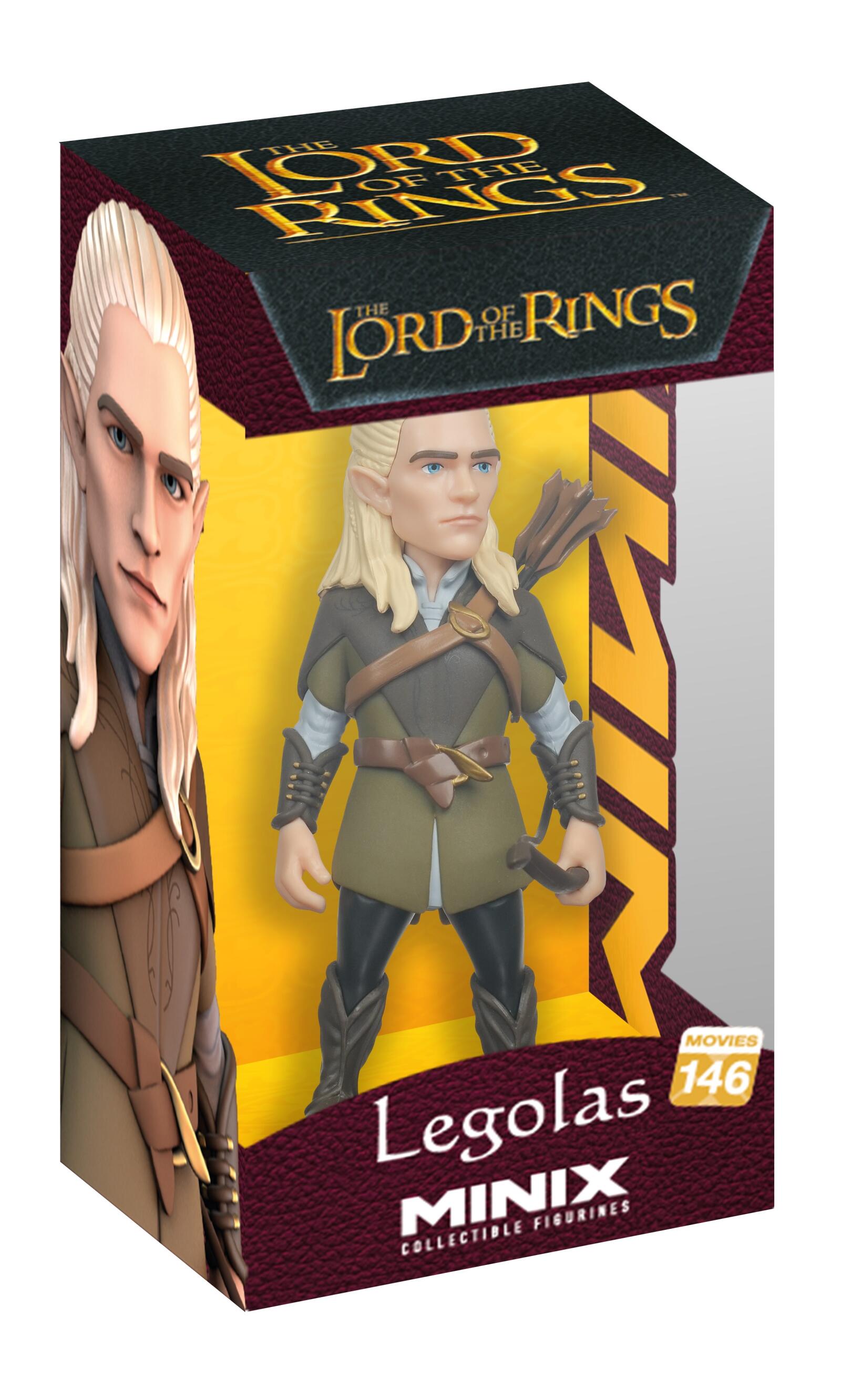A stylized MINIX Lord of the Rings Legolas figure, Movies 146, with blonde hair and an olive tunic, holding a bow, showcased in its branded window box packaging