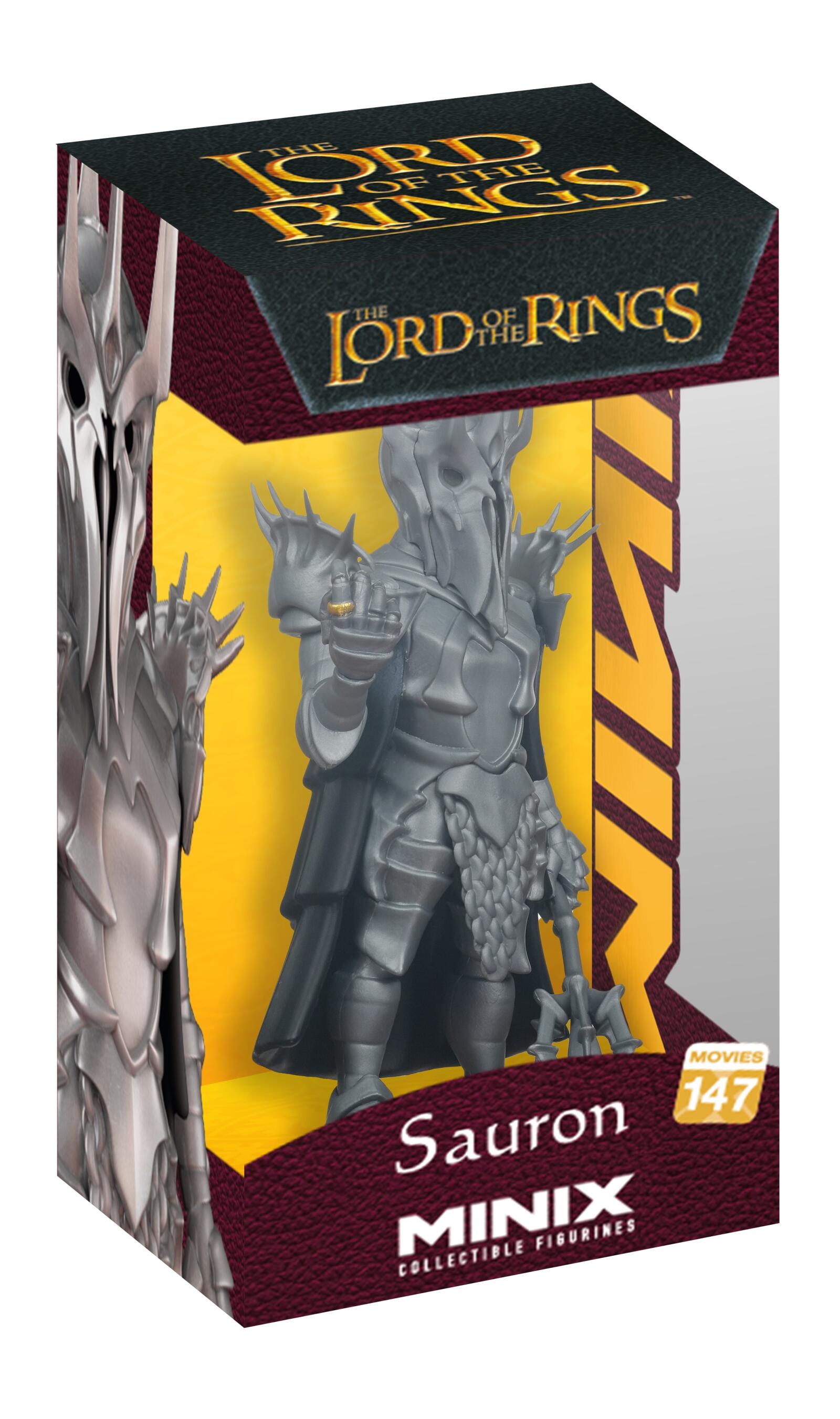 MINIX Lord of the Rings Sauron figure 147 in its clear windowed box, showing the grey armored character holding a golden ring and mace, against a yellow interior with red branding