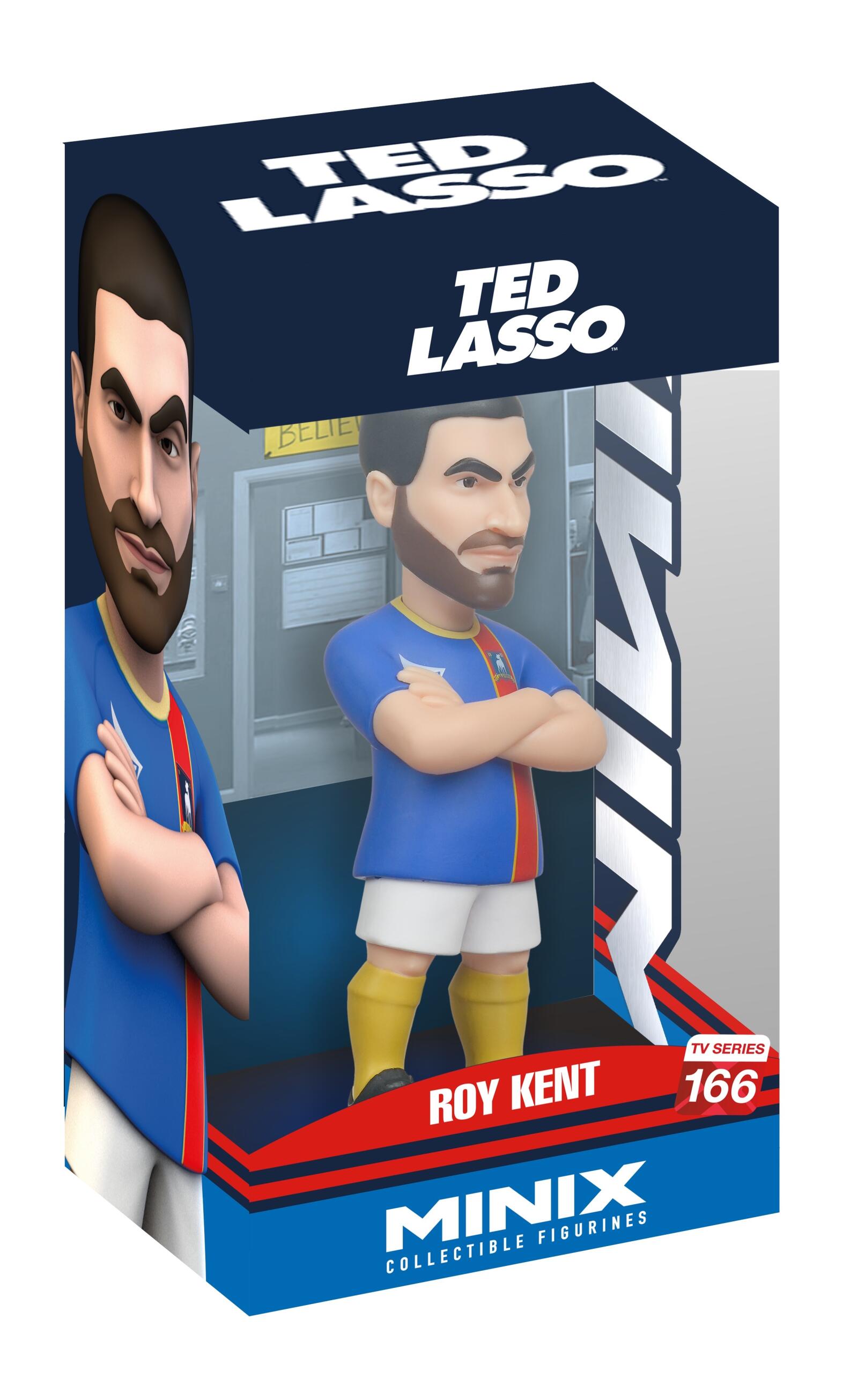 A MINIX Ted Lasso Roy Kent figure (TV Series 166) is displayed in a blue box with a clear window, showing the scowling character in a blue jersey, arms crossed, against a locker room backdrop