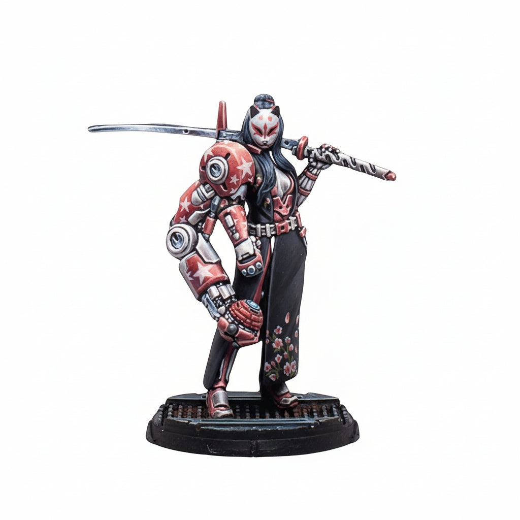 A miniature figure of a woman in a white fox mask and floral kimono, with a red cybernetic arm, holding a long sword over her shoulder