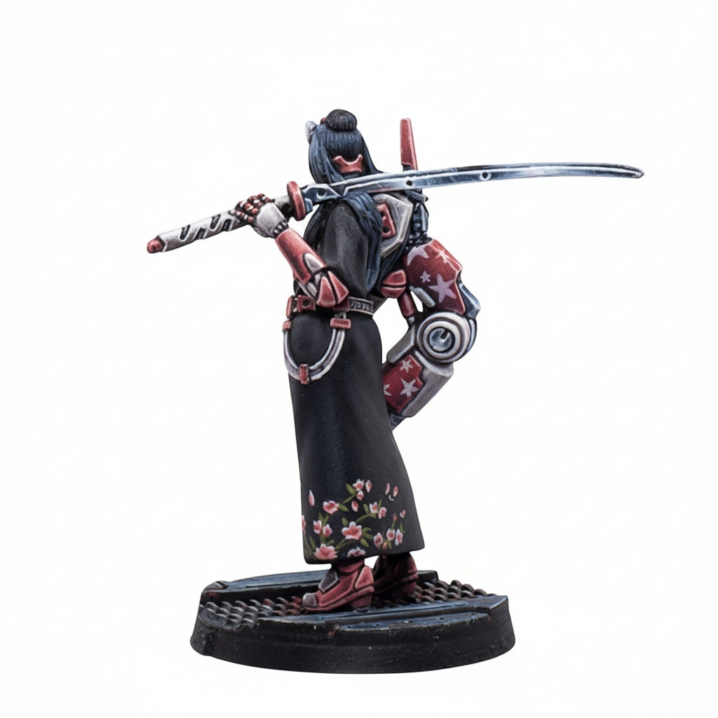 A miniature figure of a warrior from Infinity NA2 Beasthunters Free Guild with a black floral robe, red armor, and a sword across their back