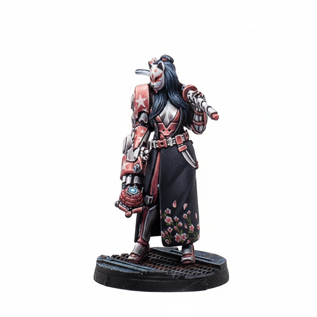 A painted Infinity NA2 Beasthunters Free Guild miniature of a masked figure in red armor and a floral skirt, holding a tactical bow