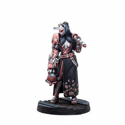 A painted Infinity NA2 Beasthunters Free Guild miniature of a masked figure in red armor and a floral skirt, holding a tactical bow