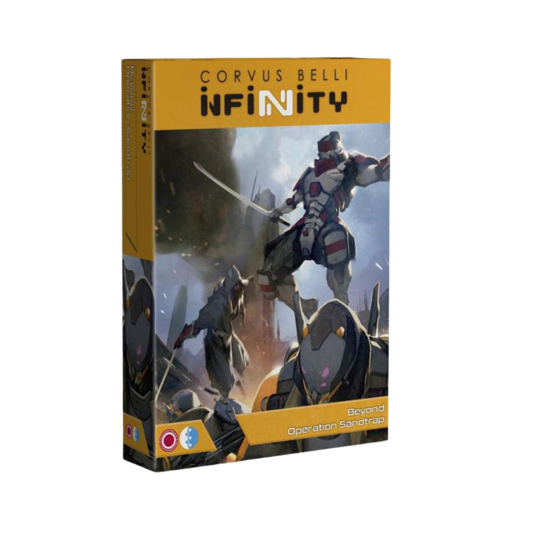 Infinity Starter pack Beyond Operation Sandtrap game box with an illustration of a futuristic warrior with a sword and armored figures in a sci-fi setting