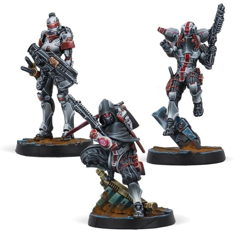 Three sci-fi miniatures, including armored soldiers and a ninja-like figure, on individual bases