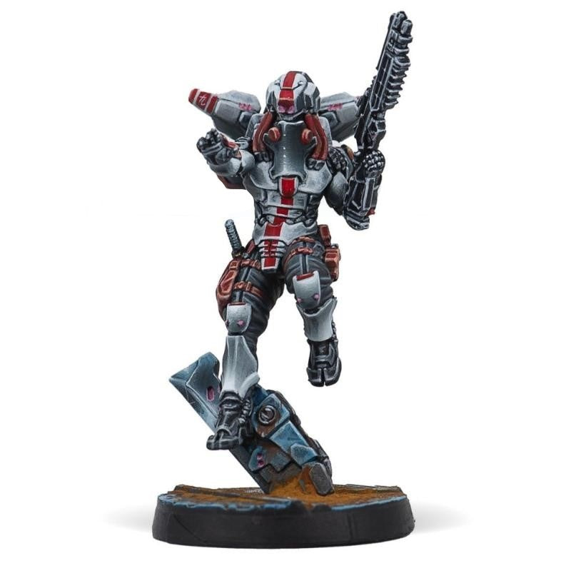 A painted sci-fi miniature of a futuristic soldier in grey and red armor with a rifle, standing on a rocky base