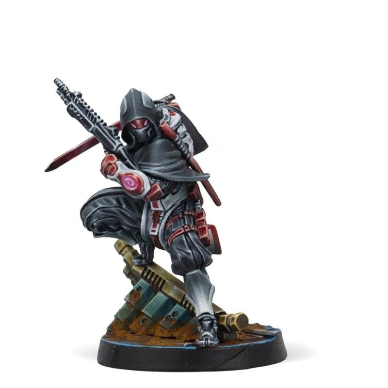 A painted miniature from the Infinity Starter pack Beyond Operation Sandtrap, depicting a hooded figure in black and red armor with a rifle and swords, crouching on a debris base