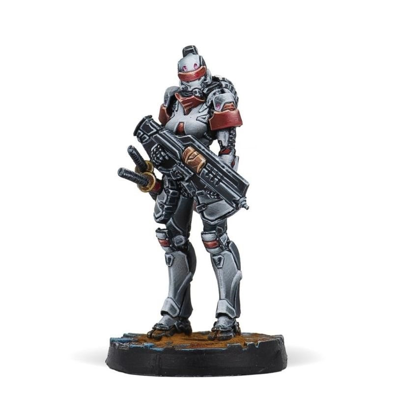 An Infinity Starter pack miniature of an armored soldier in grey and red, holding a rifle and two sheathed swords, standing on a base