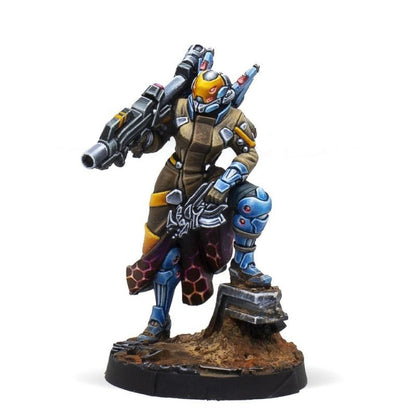 A detailed Infinity miniature of a futuristic female soldier in brown and blue armor, holding a large rifle and standing with one foot on a rock