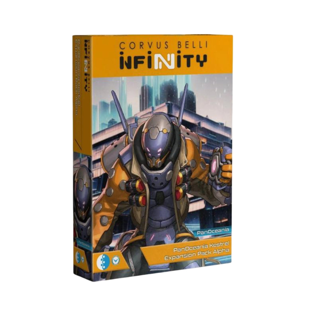 The box for Infinity PanOceania Kestrel Expansion Pack Alpha shows a purple, orange, and grey armored character in a futuristic city