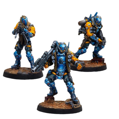 Infinity PanOceania Kestrel Expansion Pack Alpha showing three blue and yellow armored futuristic miniatures with weapons