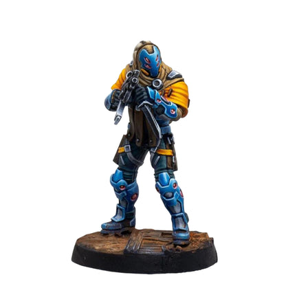 Infinity PanOceania Kestrel Expansion Pack Alpha miniature of a soldier in blue and orange armor with a multi-eyed helmet holding a rifle