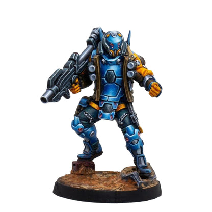 Infinity PanOceania Kestrel Expansion Pack Alpha features a blue and yellow armored futuristic soldier miniature holding a large rifle on a rocky base