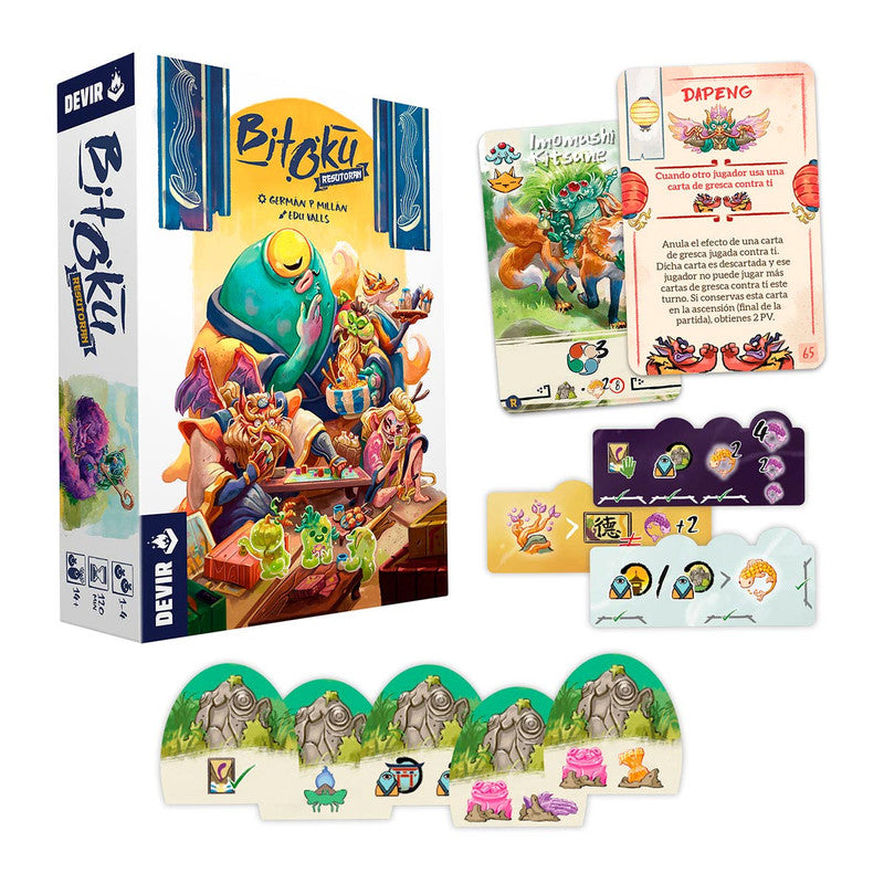 Bitoku: Resutoran Expansion board game box with fantasy art of mythical creatures, shown with colorful game cards and punchboard tokens