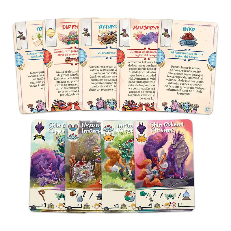 Colorful Bitoku: Resutoran Expansion board game cards featuring rules & events and detailed creature characters