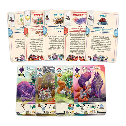 Colorful Bitoku: Resutoran Expansion board game cards featuring rules & events and detailed creature characters