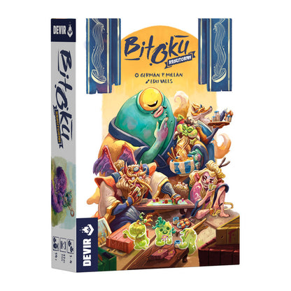 Bitoku: Resutoran Expansion board game box featuring whimsical creatures feasting and playing around a low table